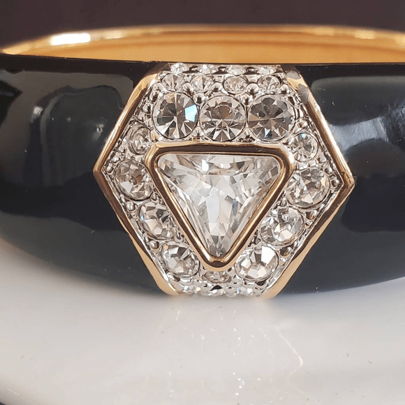 VTG Swarovski Black Enamel Hinged Bangle with Crystals Signed S.A.L.‎ 80's - Picture 10 of 10